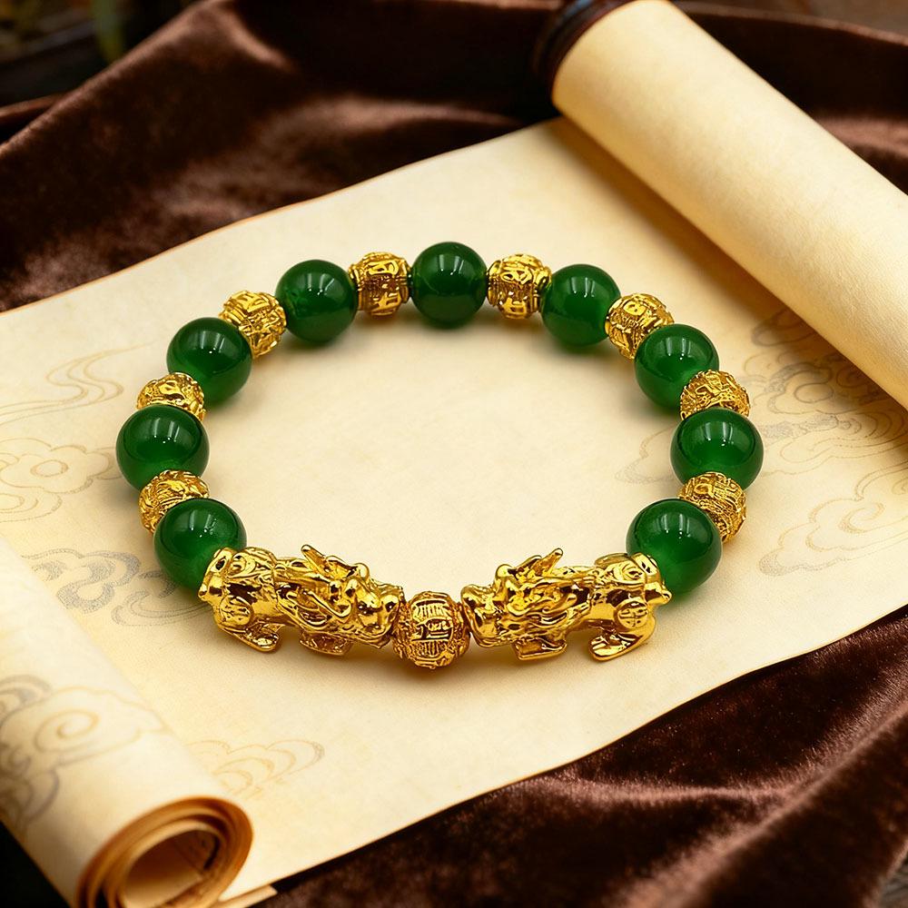 10mm Imitation Jade Pixiu Couple Bracelet with RuYi Beads for Wealth and Luxury