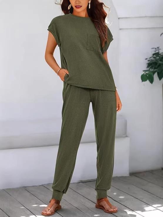 2026 Sommer Damen Zweiteiliges Gestreiftes Jogging-Set: Kurzarm-Oberteil & Lange Hose