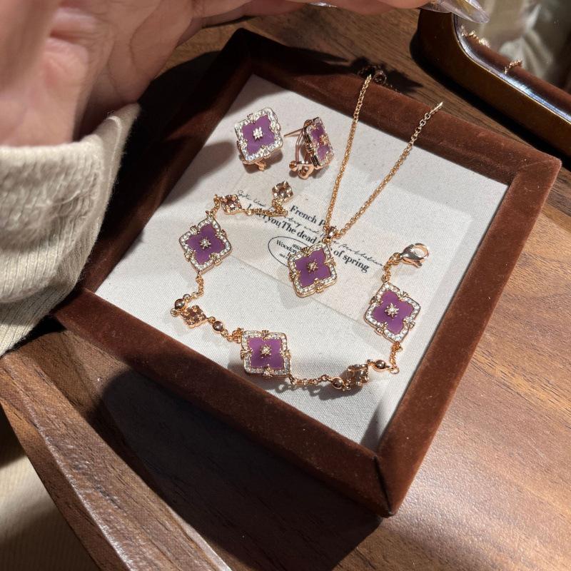 Italien Buchi Vintage Hof Violett Set Kleeblatt Armband Halskette Ohrringe Hohes Temperament