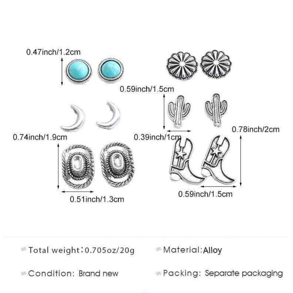 6pcs Set Retro Ethnic Western Cowboy Style Hat Boots Moon Cactus Turquoise Stud Earrings for Women Fashion Jewelry Sets Gifts