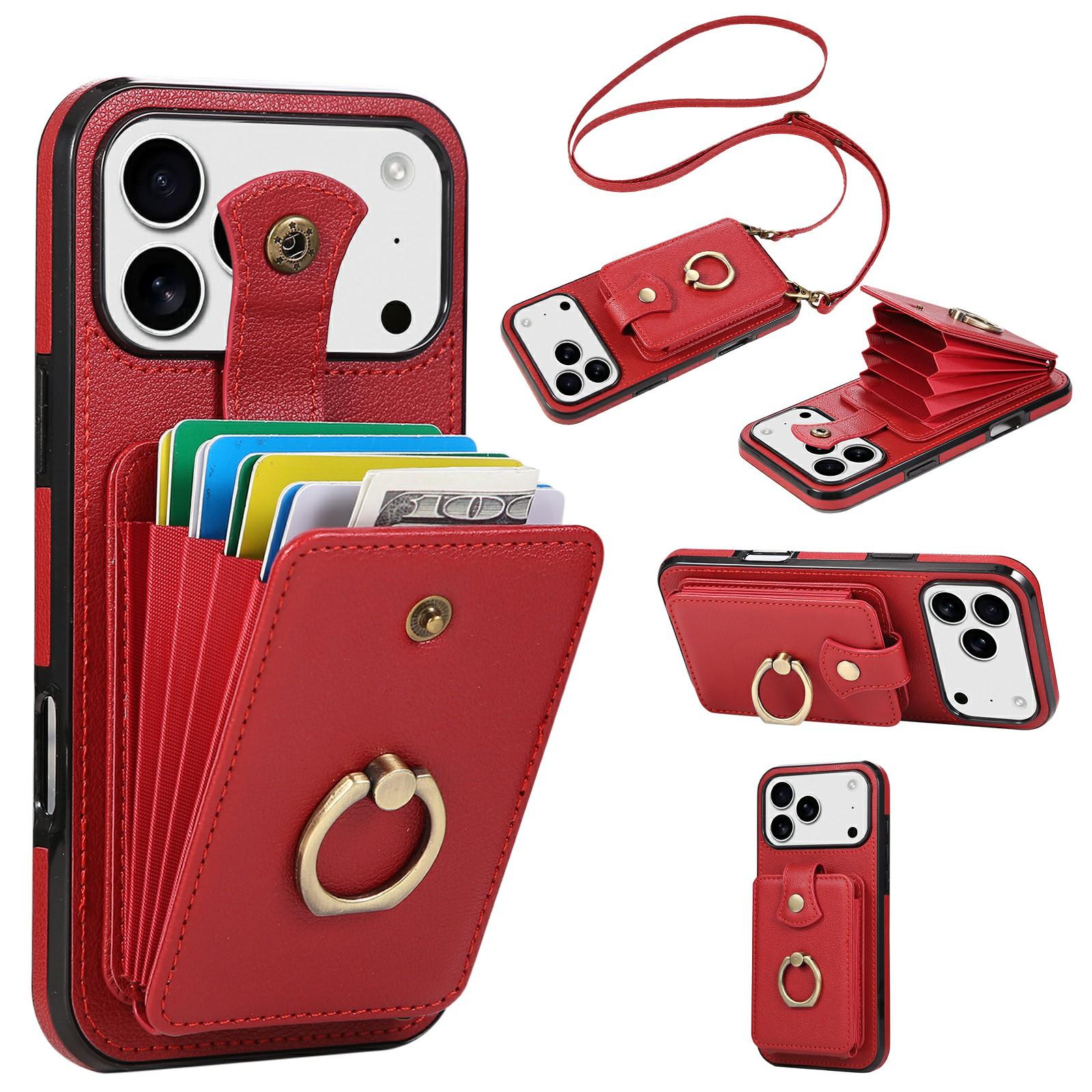 

For iPhone 17 Pro Max Case Card Holder Ring Kickstand TPU+PU Leather Phone Cover with Long Strap Red
