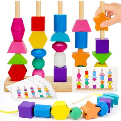 Montessori Toys For 2 3 4 Year Old Kid Boy Girl Toddler Montessori Wooden Beads Sequencing Toy Set Lacing Beads Stacking Block Matching Shape Stacker