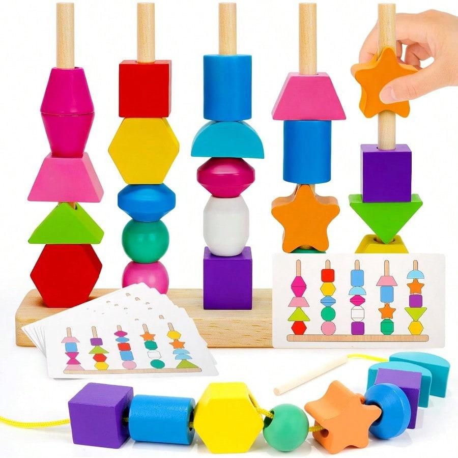 Montessori Toys For 2 3 4 Year Old Kid Boy Girl Toddler Montessori Wooden Beads Sequencing Toy Set Lacing Beads Stacking Block Matching Shape Stacker
