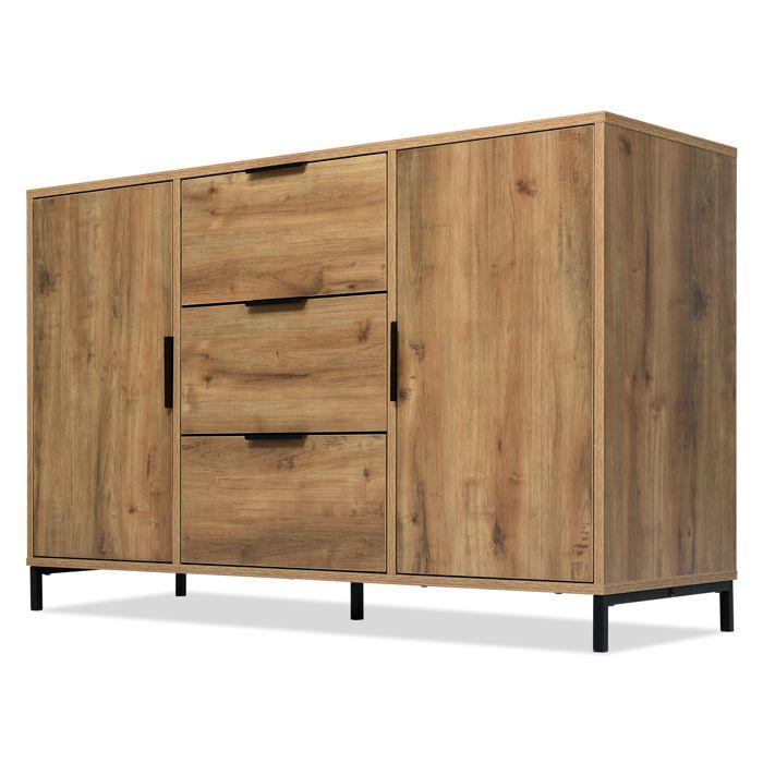 Commode, avec 2 portes + 3 tiroirs + étagères réglables, pour chambre, adapté à la chambre, salle à manger et salon, chêne
