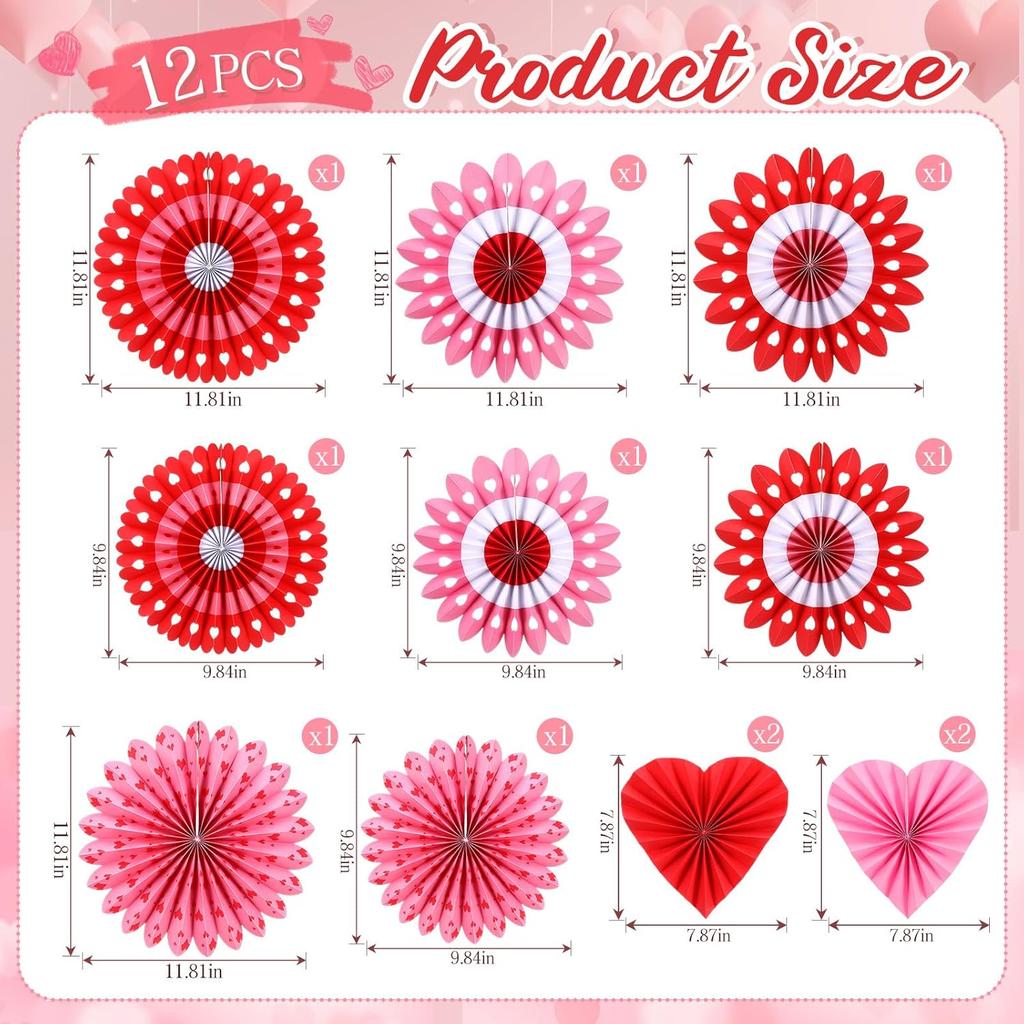 12 Pcs Valentines Day Decorations Set Heart Party Hanging Paper Fans for Valentines Wedding Bachelorette Engagement Anniversary Bridal Shower