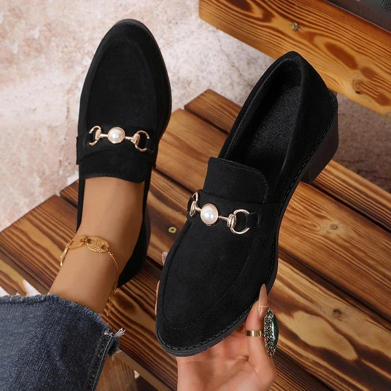 Fashion Fashion Leopard Square Heels Pumps Women Pointed Toe Pearl High Heel Party Shoes Woman Spring Slip-On Non-Slip Loafers Shoes