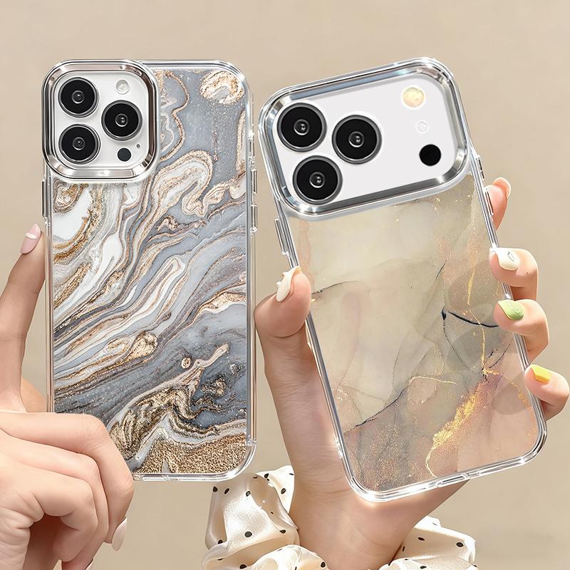 Sandstone Marble Pattern Case For iPhone 17 Pro Max Plating Lens Frame Clear Soft Cover For iPhone 16 15 14 13 Pro Max 11 16E 17E