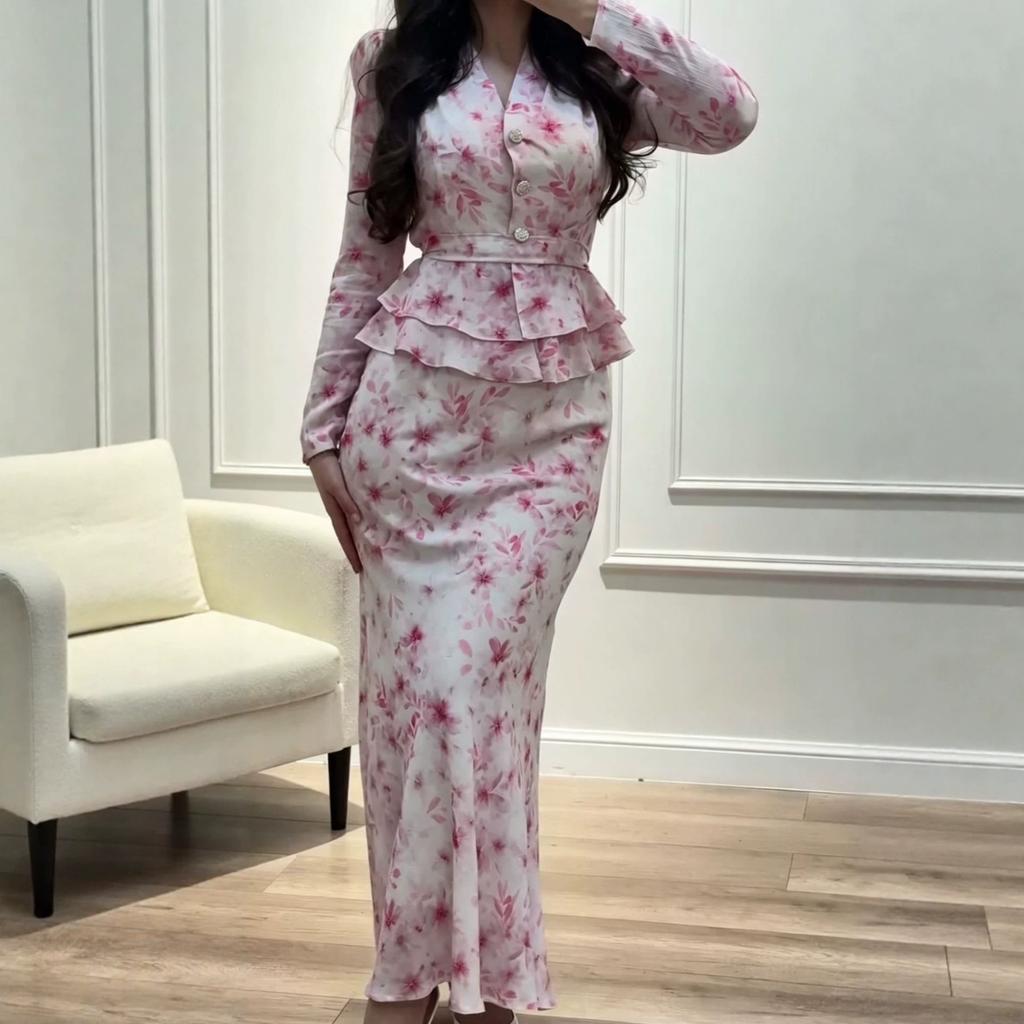 Autumn New European and American Amazon Cross-border V-neck Floral Ruffle Edge Top Fishtail Skirt Set