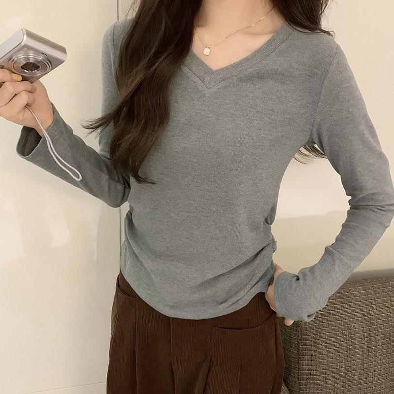 Simple Pullover V-neck Solid Color Long-sleeved Versatile Top for Women Autumn and Winter New Pleated Chic T-shirt Bottoming Shirt Trendy