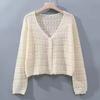 2025 women's summer hollow air-conditioning shirt, fresh candy color v-neck knitted cardigan, light and breathable long-sleeved sunscreen shirt