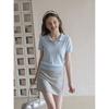 [Qiao Mi] Korean Shoulder Polo Shirt Women's Ice Silk Knitted Short-sleeved T-shirt Summer Small Lapel Top