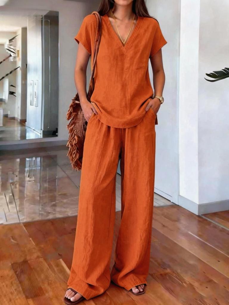 Women's V-Neck Short Sleeve Top and Wide Leg Pants Set in Light Green