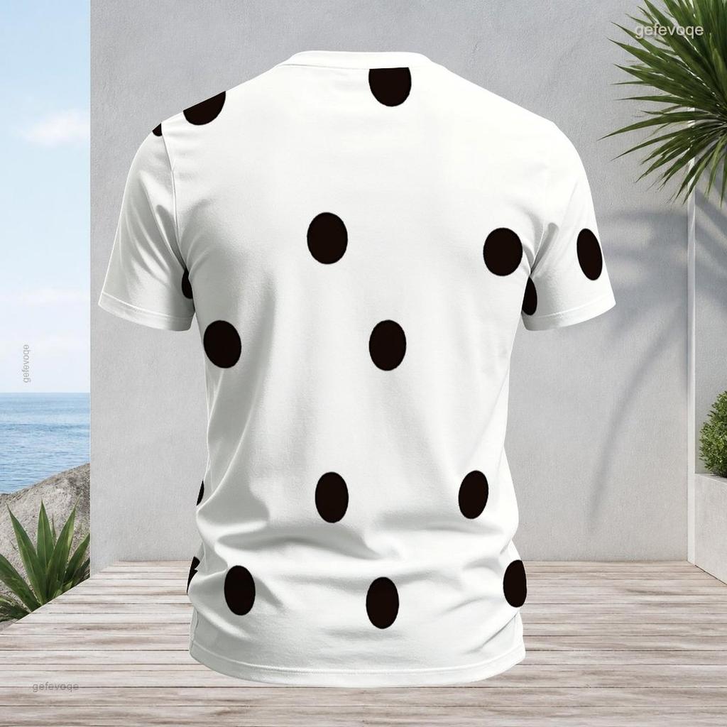 Men s Plus Size V Neck Short Sleeve White T Shirt Black Polka Dot Printed Pullover Straight Hem