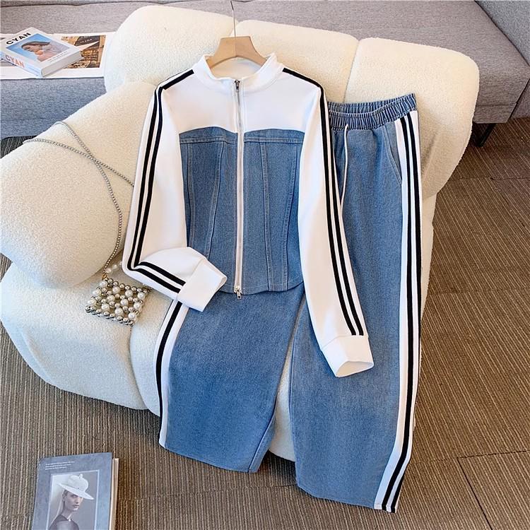 2025 European & American Denim Patchwork Zipper Two-Piece Set: Long Sleeve Top & Wide-Leg Pants for Girls, Spring & Autumn Fashion