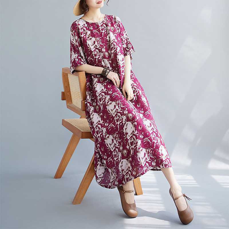 

Летние свободные платья большого размера с принтом, круглым вырезом и коротким рукавом длиной до колена One Size красный