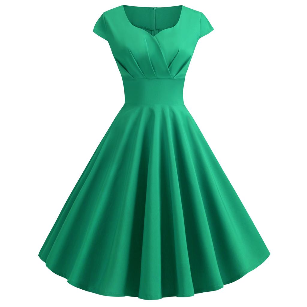 Women's V Neck Cap Sleeve Midi Dress Slim Fit Mid Rise Elegant Ruched Swing Dress Solid Color Spring Cocktail Party Dress