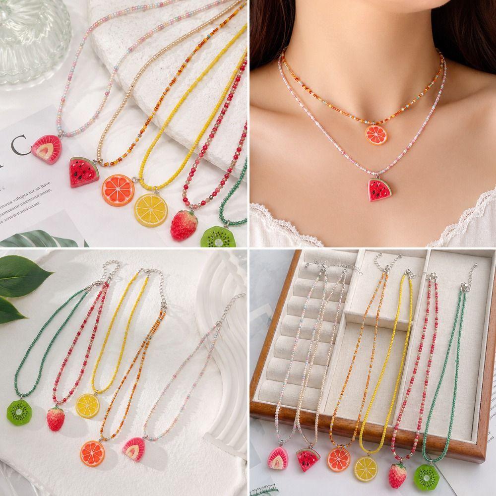 Rice Beads Fruit Pendant Necklace Bohemian Summer Necklace Cute Rice Beads Choker  Summer Wear