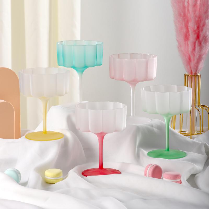 Colorful Frosted Glass Cocktail Mug Masked Candy Goblet Home Petal Lace Macaron Ice Cream Cup Holiday Party Barware