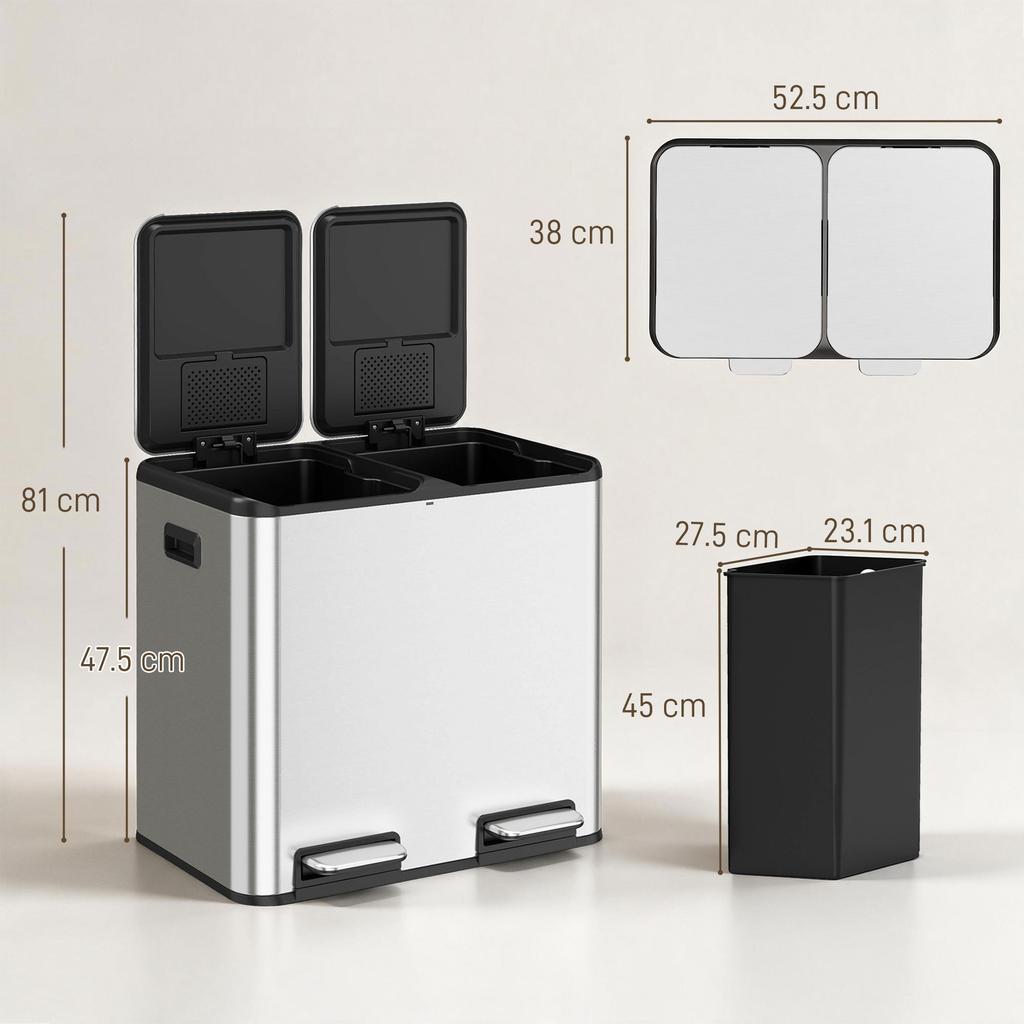 2 X 20L Double Kitchen Bin, Stainless Steel Pedal Rubbish Bin with Dual Compartments, Soft Close Lids, Silver Tone