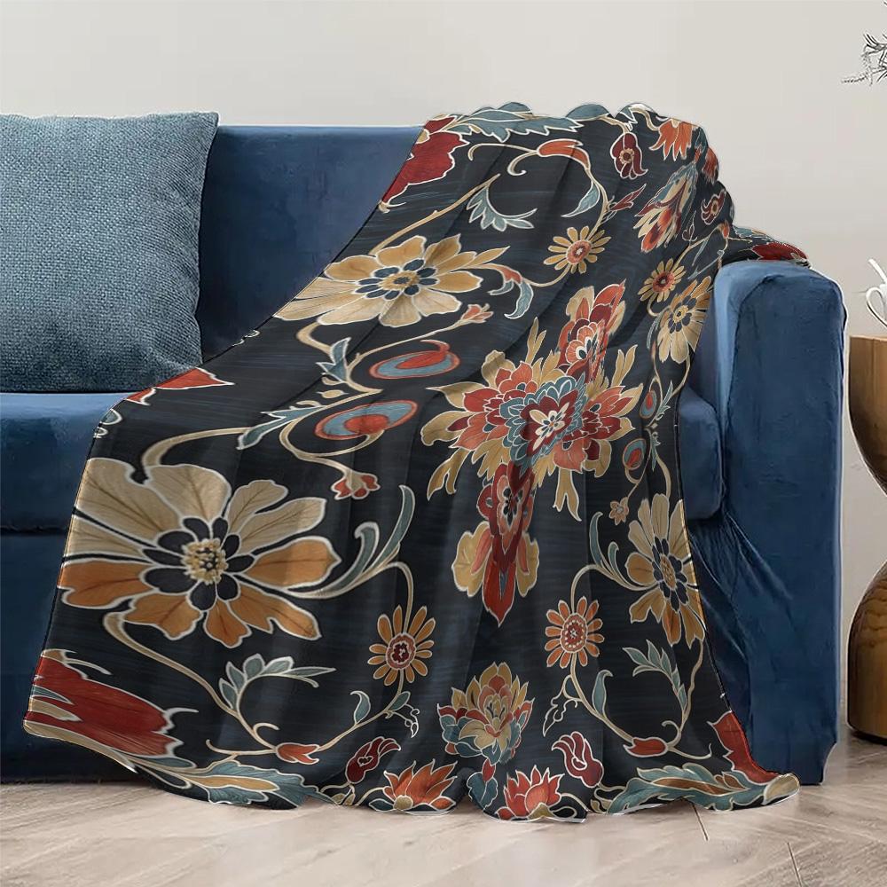 Dark Floral Embroidered Fleece Blanket Sofa Bed Throw Decorative Bedspread Warm Cozy Gift
