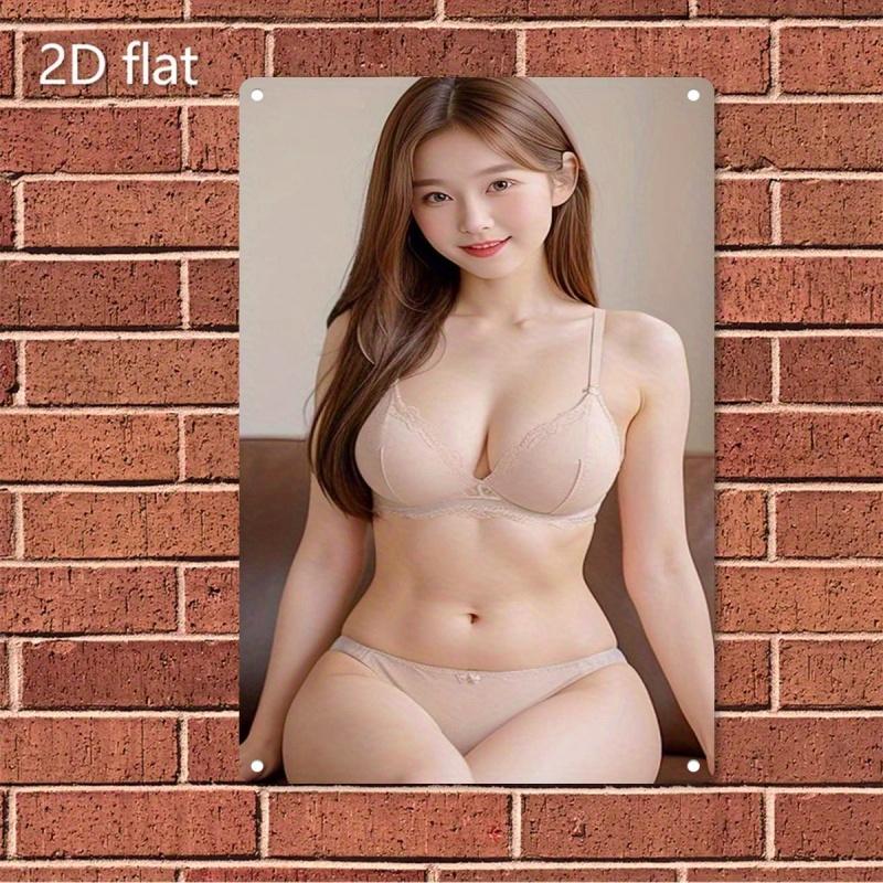 HD Tin Sign Asian Beauty In Beige Lace Lingerie Vintage Metal Wall Art Decor for Home Bar Man Cave