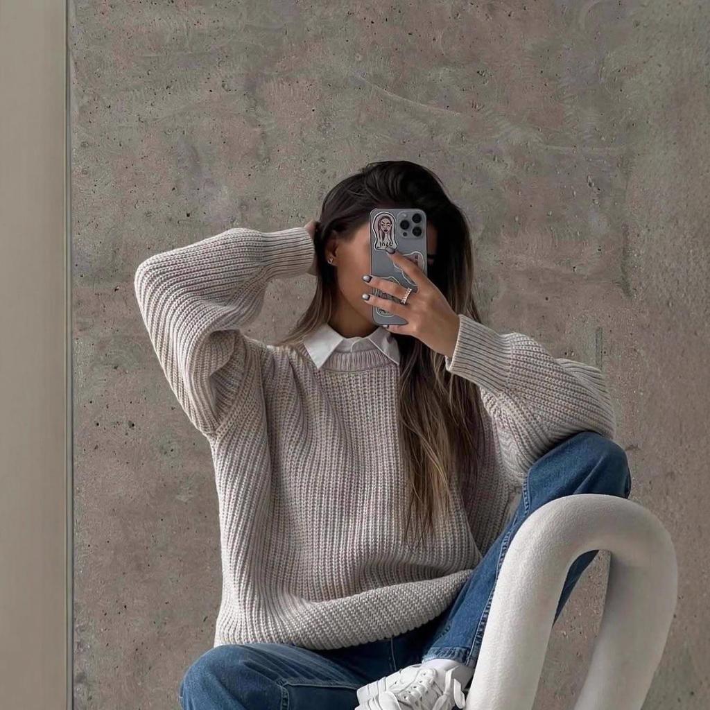 European and American Women's Casual Round Neck Long Sleeve Knitted Sweater - Autumn 2025 Collection