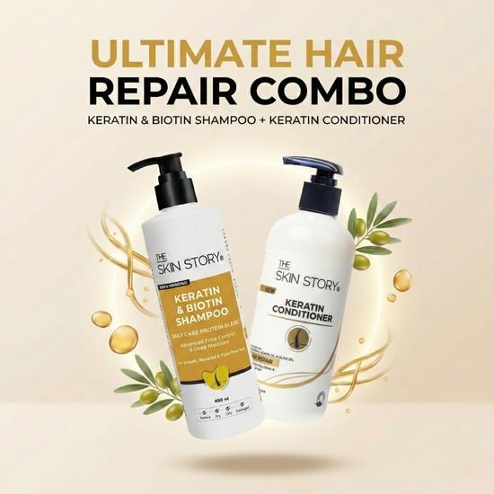 The Skin Story Shampoo Conditioner Combo Daily Hair Care Duo Pack | Keratin Shampoo 450ml & Keratin Conditioner 250g | Controls Frizz, Repairs Damage