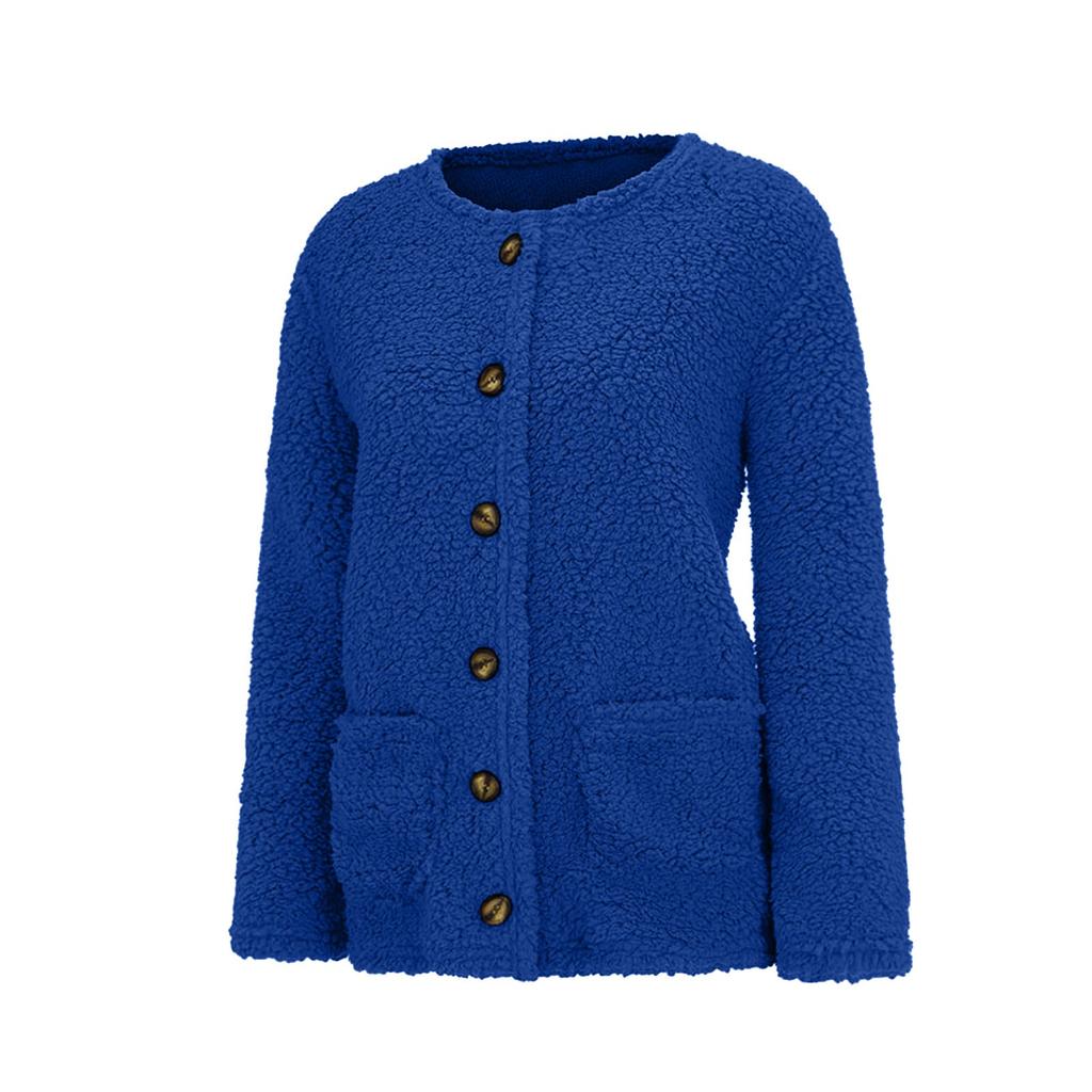 Women's Fashionable Solid Color Long Sleeved Single Breasted Pocket Round Neck Plush Jacket