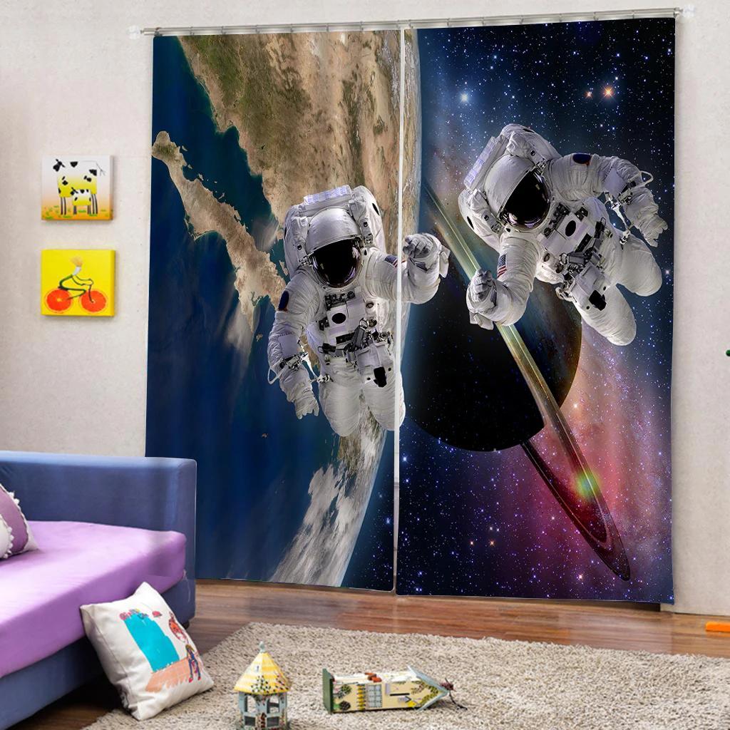 Spaceman Astronaut 3D Printed Thin Curtain for Boys and Girls, Space Galaxy, Cosmonaut, Children's Bedroom Window Curtain