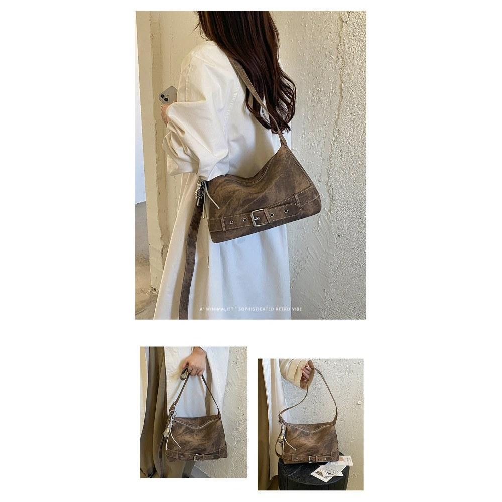 Women Vintage Large Capacity Soft PU Shoulder Bag with Belt Detail for Daily Commute