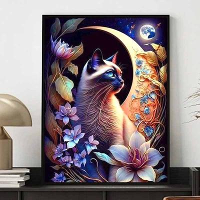 Nova Chegada Pintura Diamante 5D DIY Círculo Completo "Céu Estrelado e Gato" Bordado Ponto Cruz Decoração de Casa Presente