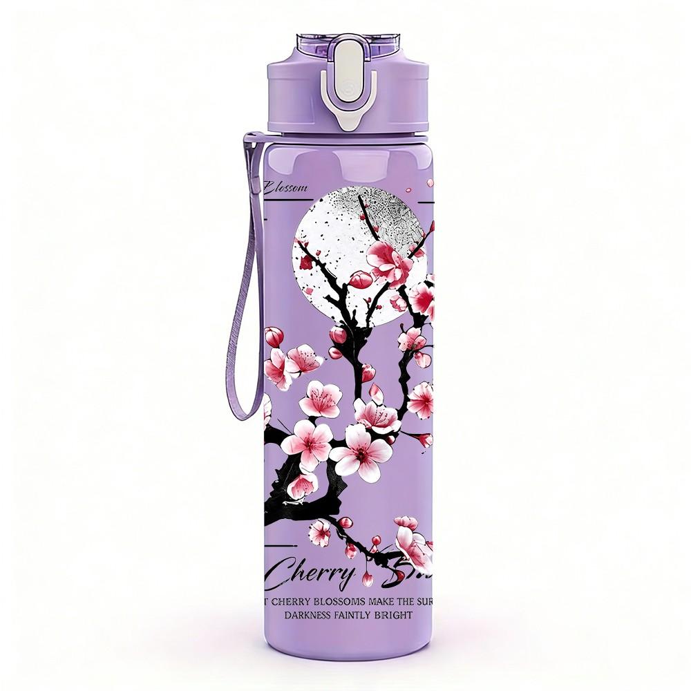 1PC Cherry Blossom Branch Asian Floral Print 750ml Color Plastic Sports Water Bottle Leakproof Flip Straw Lid Suitable for Sports Office Home Use
