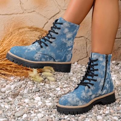 Fashion Thick Bottom Denim Ankle Boots Women 2025 Autumn Fashion Tie-Dye Side Zip Western Cowboy Boots Woman's Platform Shoes Plus Size