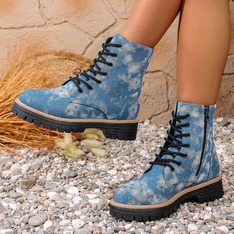 Fashion Thick Bottom Denim Ankle Boots Women 2025 Autumn Fashion Tie-Dye Side Zip Western Cowboy Boots Woman's Platform Shoes Plus Size