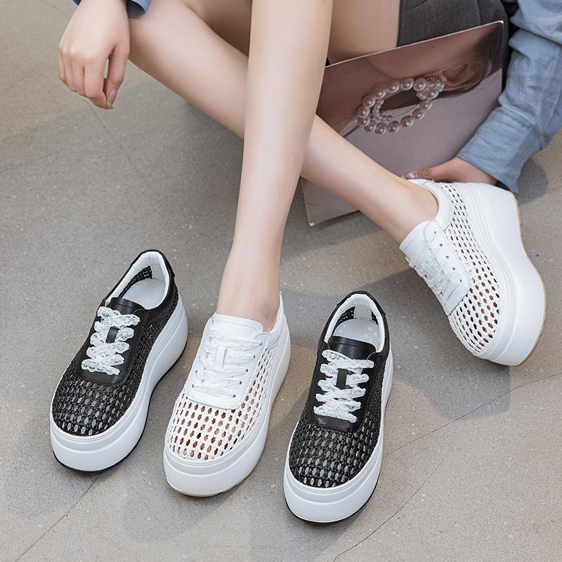 Summer woven hollow breathable muffin shoes women's 2025 summer new solid color lace-up board shoes thick sole 8 cm