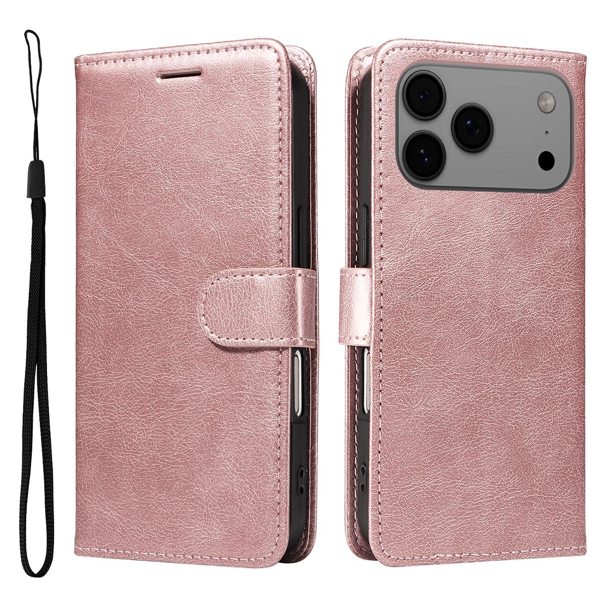 

For iPhone 17 Pro Max Leather Wallet Case with Strap Solid Color Phone Stand Cover Rose Gold