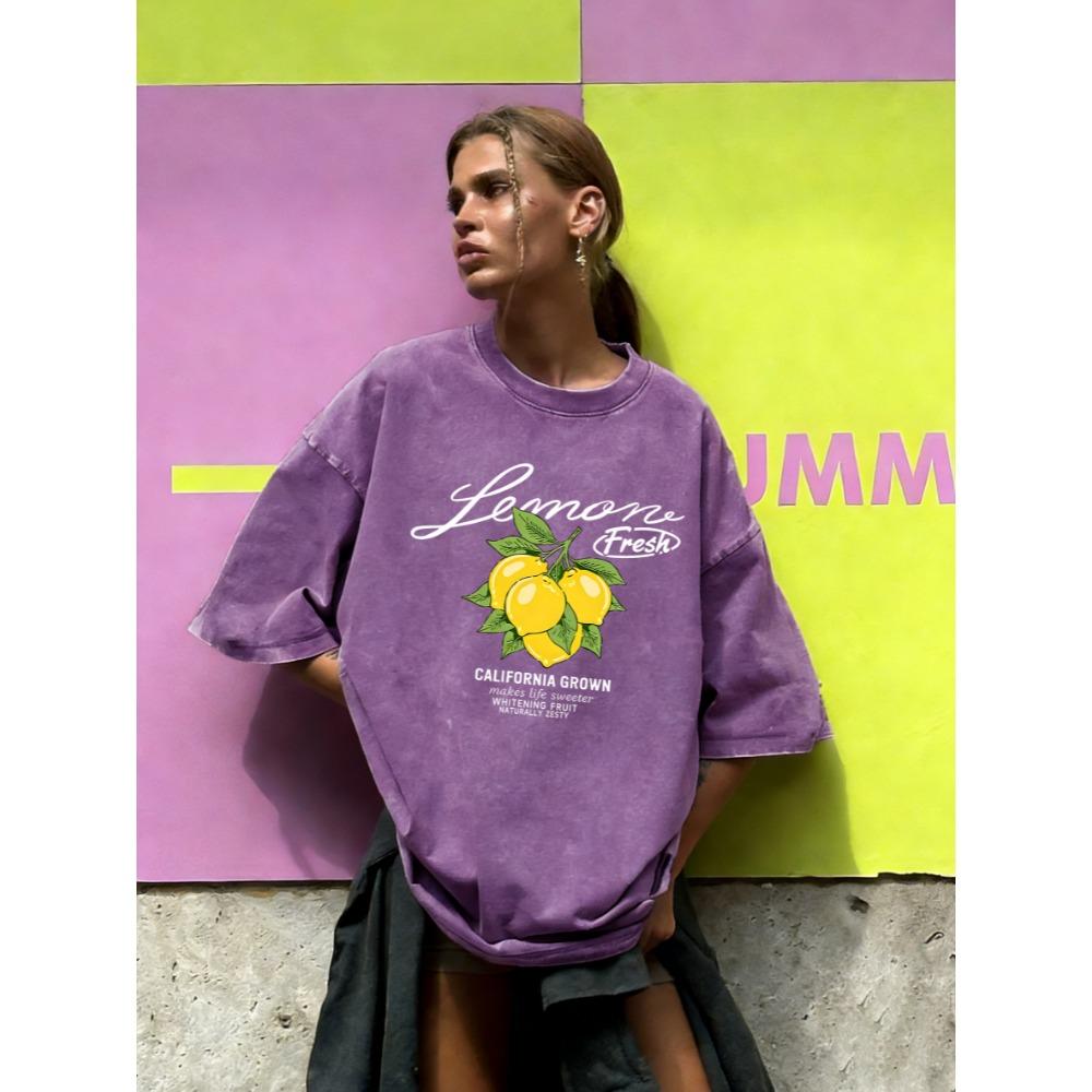 

Fresh Lemons California Grown Design Washed T Shirt Women Cotton T-Shirt Casual Y2K Loose Short Sleeves Vintage Tops S