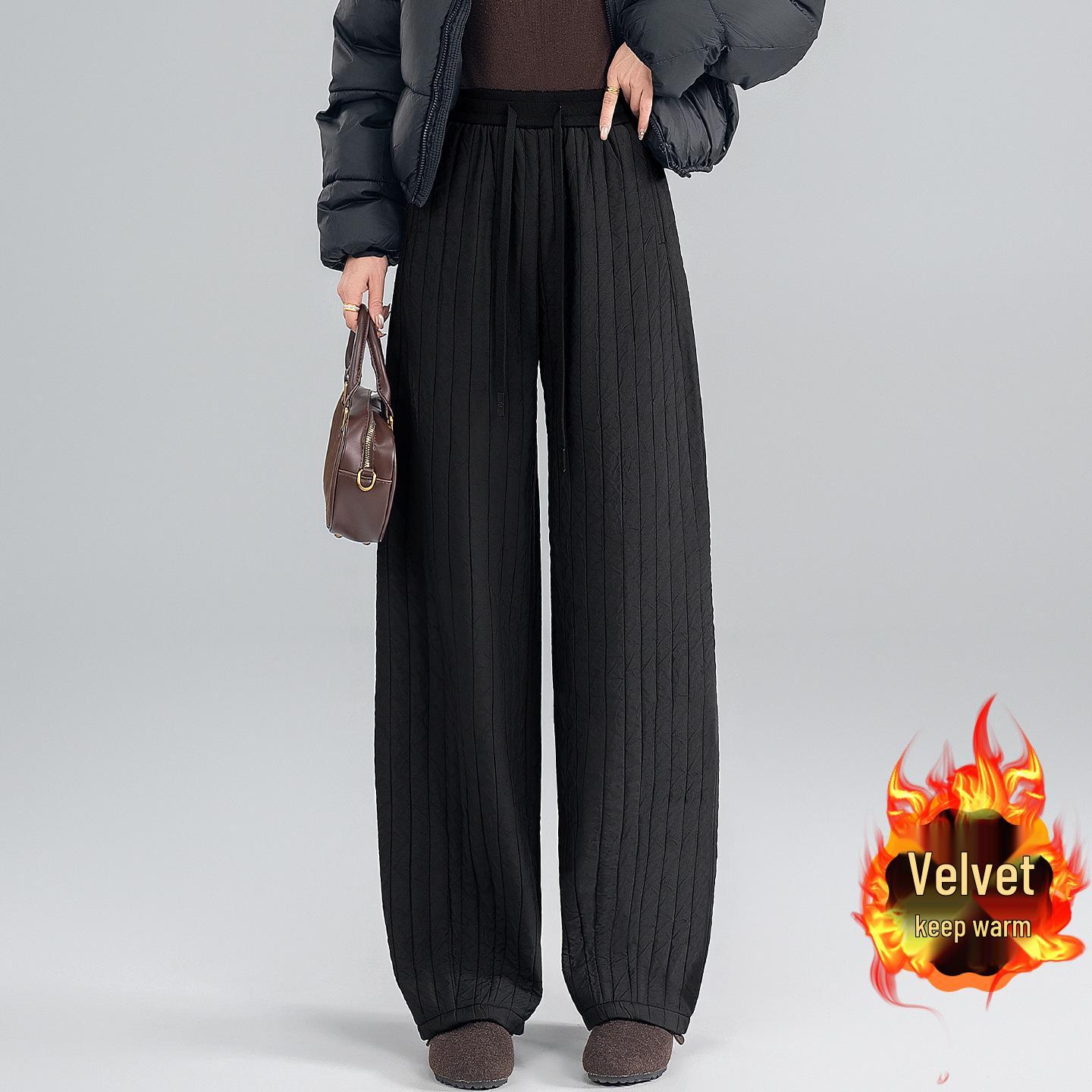 

Fleece-Lined Striped High-Waist Wide-Leg Cotton Pants - Winter 2025 Style 4XL чёрный