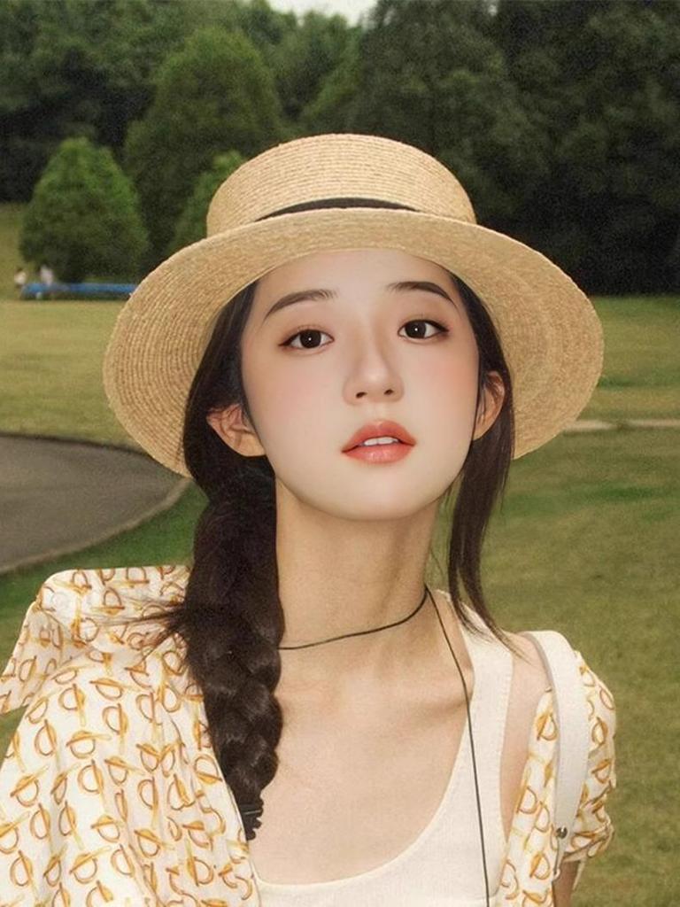 2025 Damen Stroh-Fedora mit breiter Krempe: Flacher, gewebter Strandhut für große Kopfgrößen