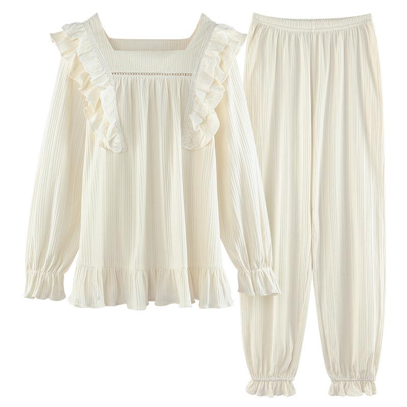 Herbst Koreanische Frauen Pyjamas Süße Nachtwäsche Prinzessin Homewear Rüschen Lange-Ärmeln Bequeme Loungewear Zwei-stück Set Homewear