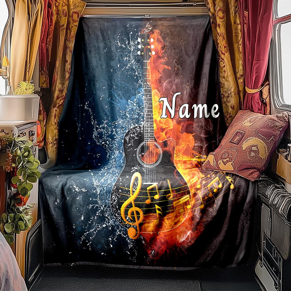 Flaming Guitar With Musical Notes And Water Splash Blanketcustomize Your Name Lightweight Comfortable And Stylish Blanket For Travel Bed Home Chair