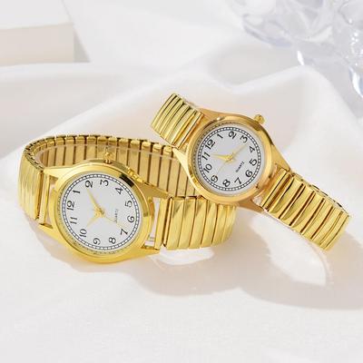 2 PCS Of Gold Retro Round Pointer Quartz Watch Classic Simulation Elastic Band Watch Suitable For Both Male And Female Couples