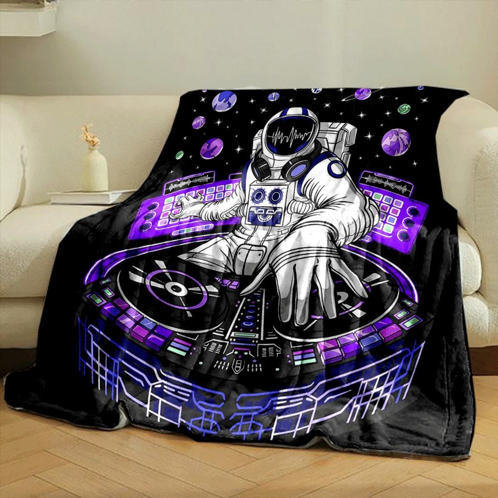 An Astronaut DJ Mixing Music In Space with Vibrant Cosmic-themed Visuals. for All Seasons Blanket Lunch Break Throw Gift