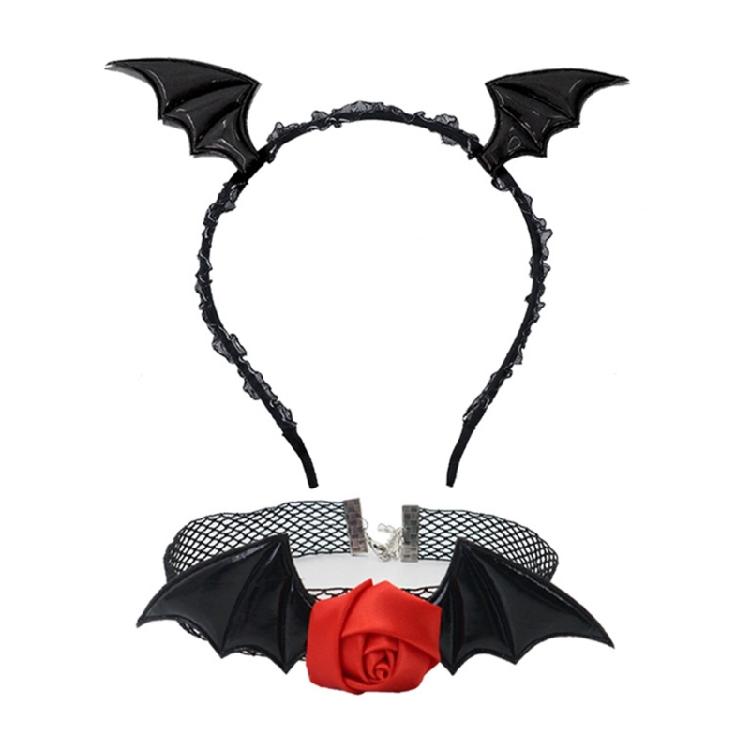 Adults Devil Costumes Set Accessories Devil Bat Headband Flower Lace Choker for Role Play Halloween Cosplay Party Props