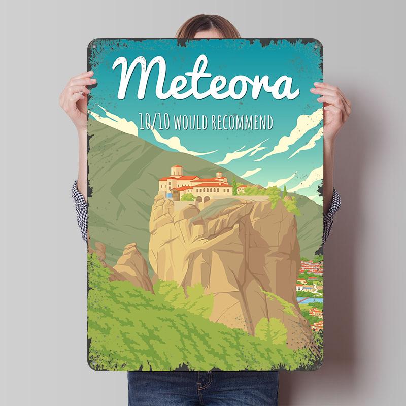 

Meteora Greece Travel Poster Customized Wall Art Vintage Metal Signs Retro Tin Plaque for Man Cave Decoration Room Office Decor 7.9x11.8In(20x30cm)