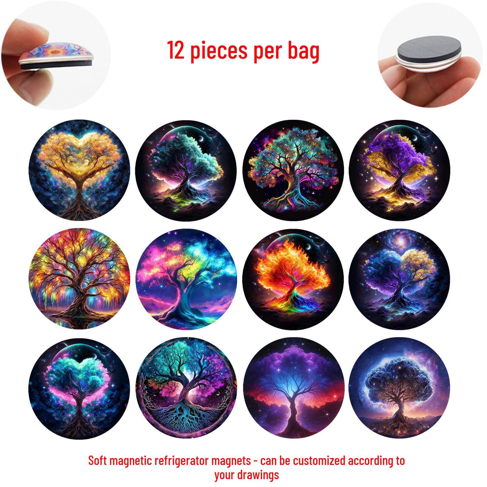 Iridescent Tree of Life Glass Magnetic Refrigerator Sticker Set of 12: 25mm Fridge Magnets