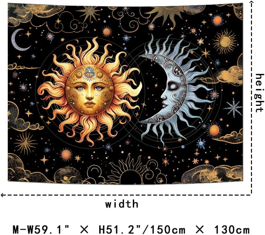 Racunbula Sun and Moon Tapestry Boho Black Golden Tapestries Aesthetic Vintage Moon Stars Cloud Wall Tapestry Spiritual Tapestri
