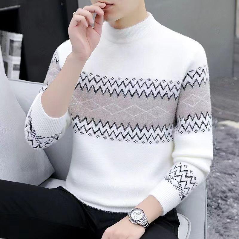Men's High-End Fleece-Lined Winter Sweater, Half-High Collar, Korean Style, Warm Casual Knit for Teens & Students.