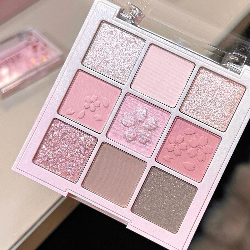 Romantic Pink Flower 9-Colors Glitter Eyeshadow Matte Shimmer Pink Brown Shiny Eye Shadow Girl Makeup Palette Lasting Cosmetic
