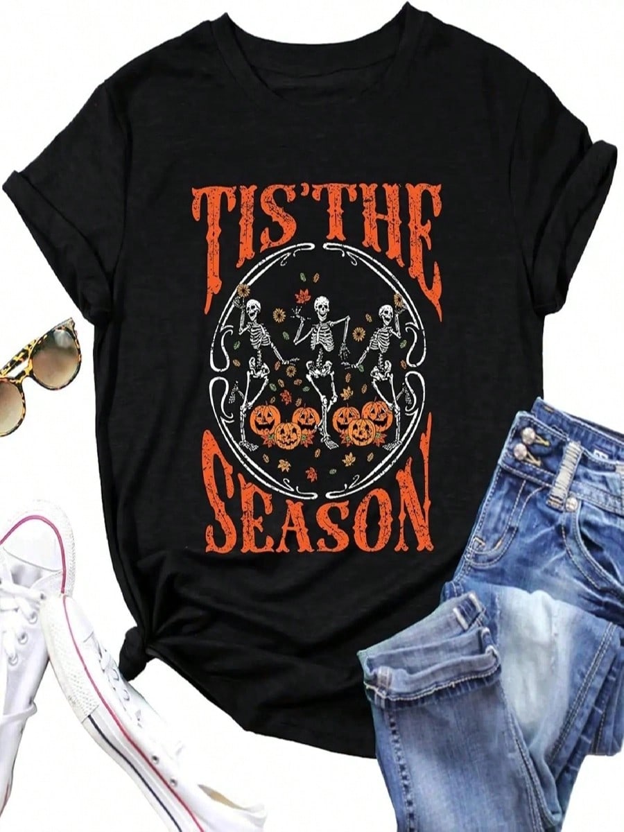 Halloween Dancing Skeleton Shirt For Tis The Season Tshirt Retro Halloween Skull T-Shirt Fall Tops S